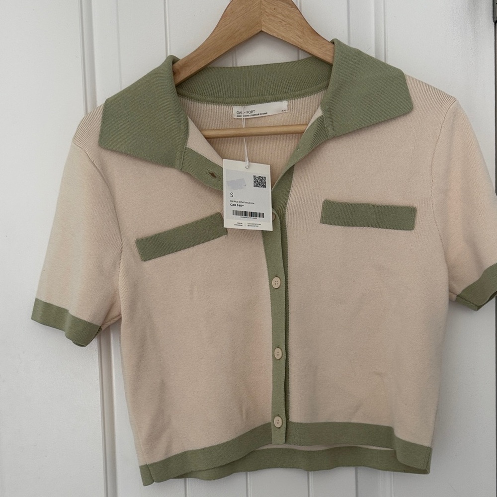 OAK + FORT Green and Cream Knit Cardigan NWT